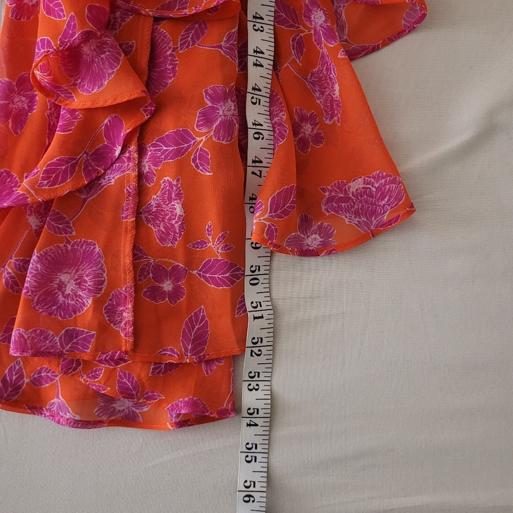 Eliza J Med Orange Floral Asymmetrical Midi Strappy Dress Smocked Tie Flowy - Picture 10 of 10
